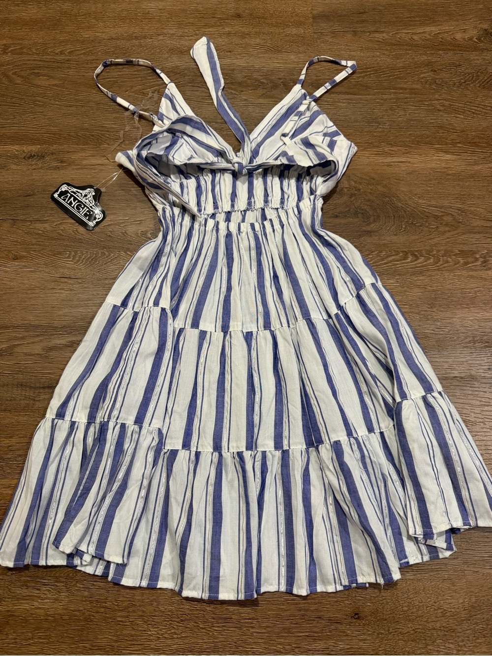Angie Blue White Striped Tiered Sundress Metallic Lurex Tie Front Boho NWT S - Picture 5 of 9
